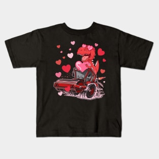 Dinosaur T Rex Riding Monster Truck Valentines Day Kids T-Shirt